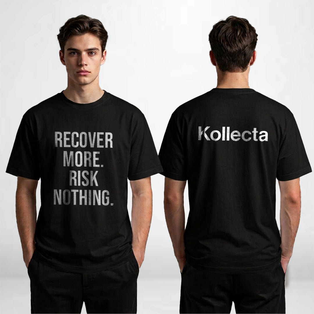 Recover More. Risk Nothing. Tee — Black, Back Print