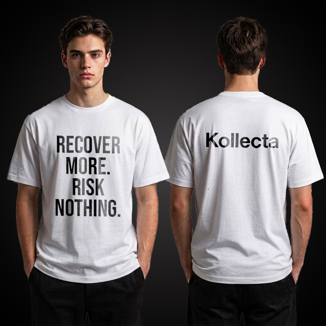 Recover More. Risk Nothing. tee in white, front slogan and oversized back logo, Kollecta