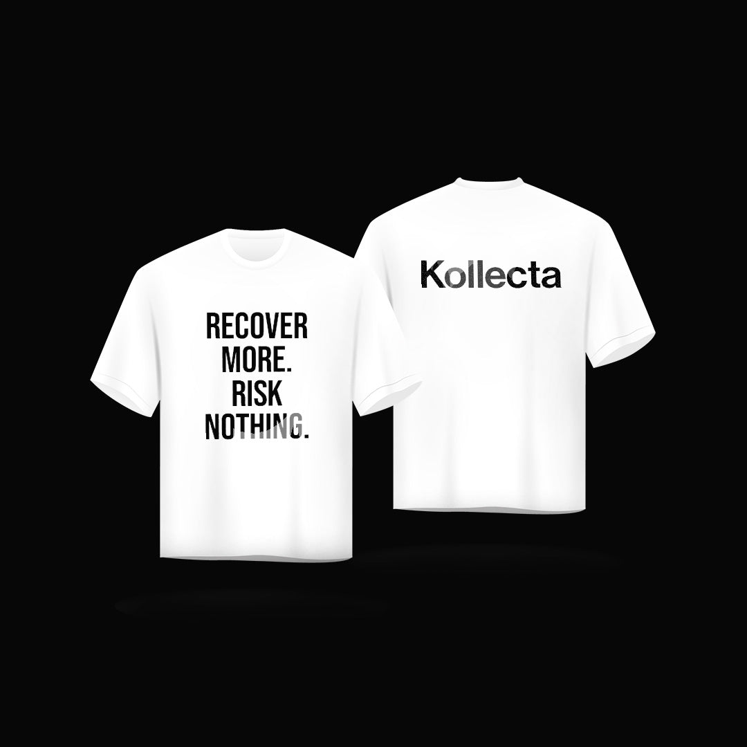 Recover More. Risk Nothing. Tee — White, Front Print