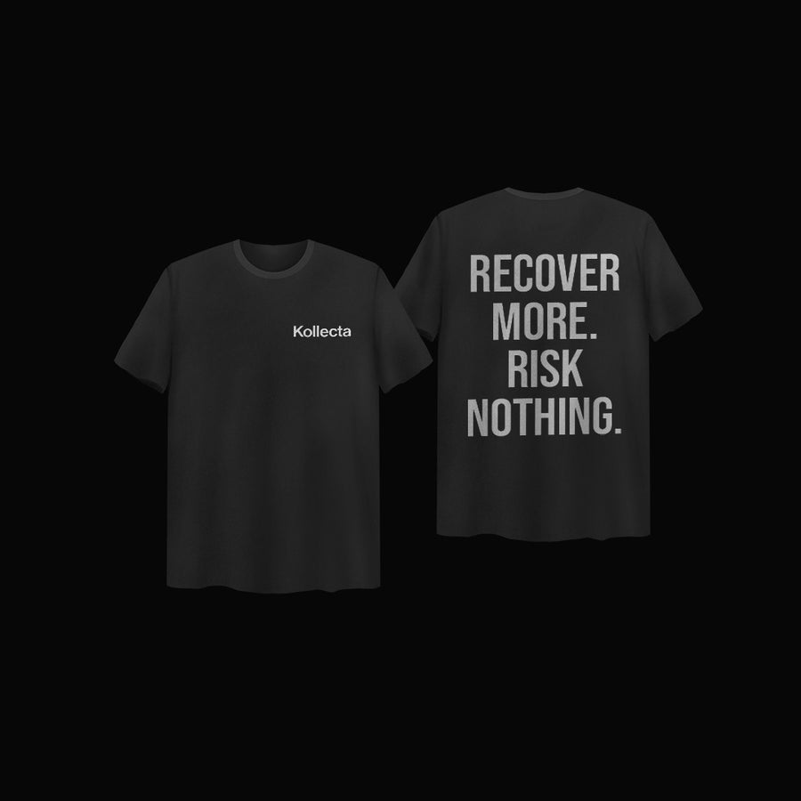 Back print version of the black Recover More. Risk Nothing. tee from Kollecta. Subtle from the front, loud from behind , Kollecta