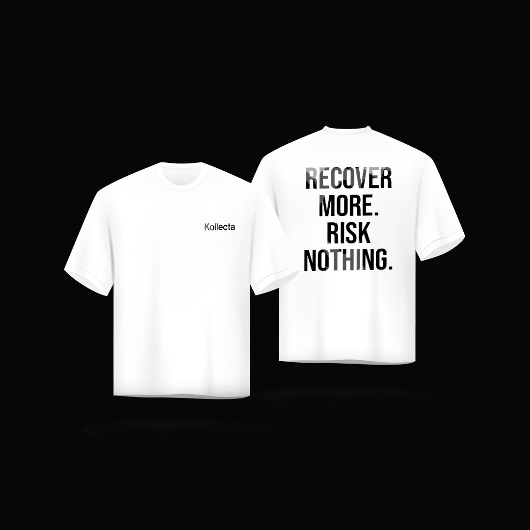 Back print version of the white Recover More. Risk Nothing. tee from Kollecta. Clean, direct, worn anywhere : Kollecta