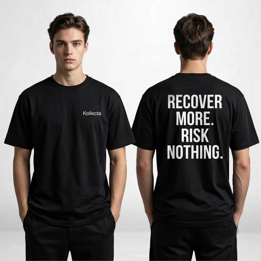A male model shown from the front and back wearing a black short-sleeve T-shirt. The front has a small white 'Kollecta' logo on the left chest, and the back features large white text reading 'RECOVER MORE. RISK NOTHING' : Kollecta