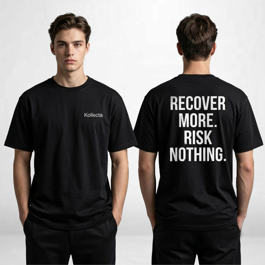 A male model shown from the front and back wearing a black short-sleeve T-shirt. The front has a small white 'Kollecta' logo on the left chest, and the back features large white text reading 'RECOVER MORE. RISK NOTHING' : Kollecta