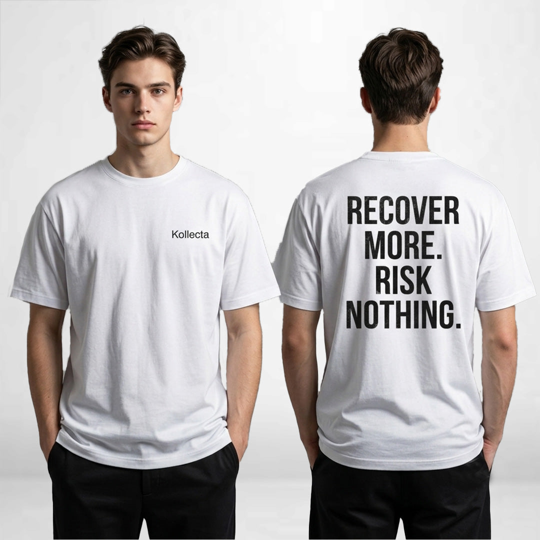 A white short-sleeve T-shirt shown on a male model from both front and back. The front has a small black 'Kollecta' logo on the left chest, and the back has large black text reading 'RECOVER MORE : Kollecta