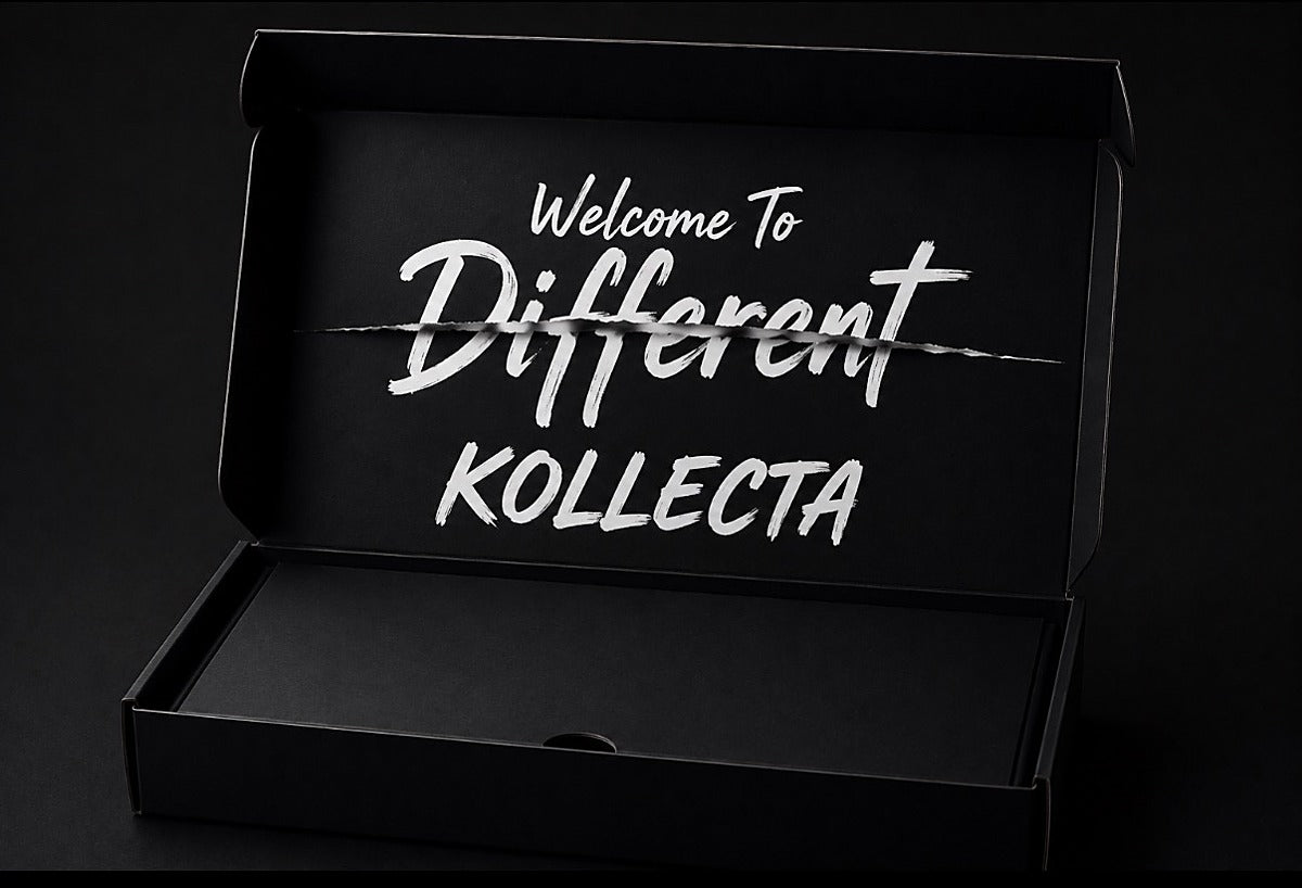 Open box revealing "Welcome To Different" print, Kollecta